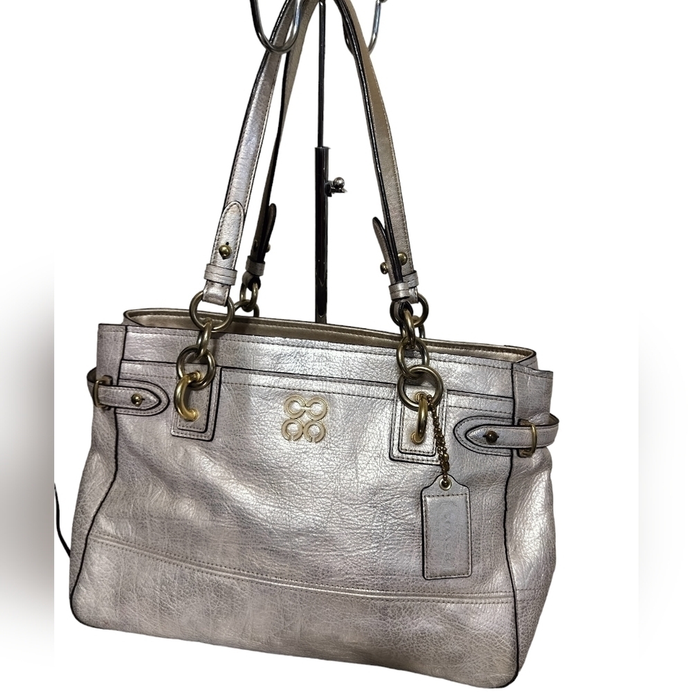1856) COACH 16448 Pale Gold Metallic Shimmer Leather Carry All Tote Hobo